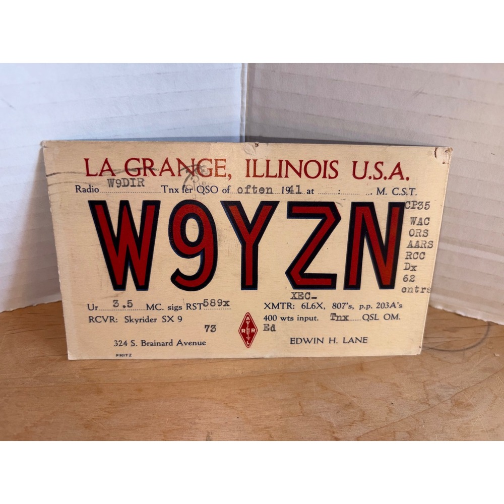 Vintage 1941 Pre-WWII Ham Radio QSL Card - W9YZN La Grange IL to W9DIR Portage